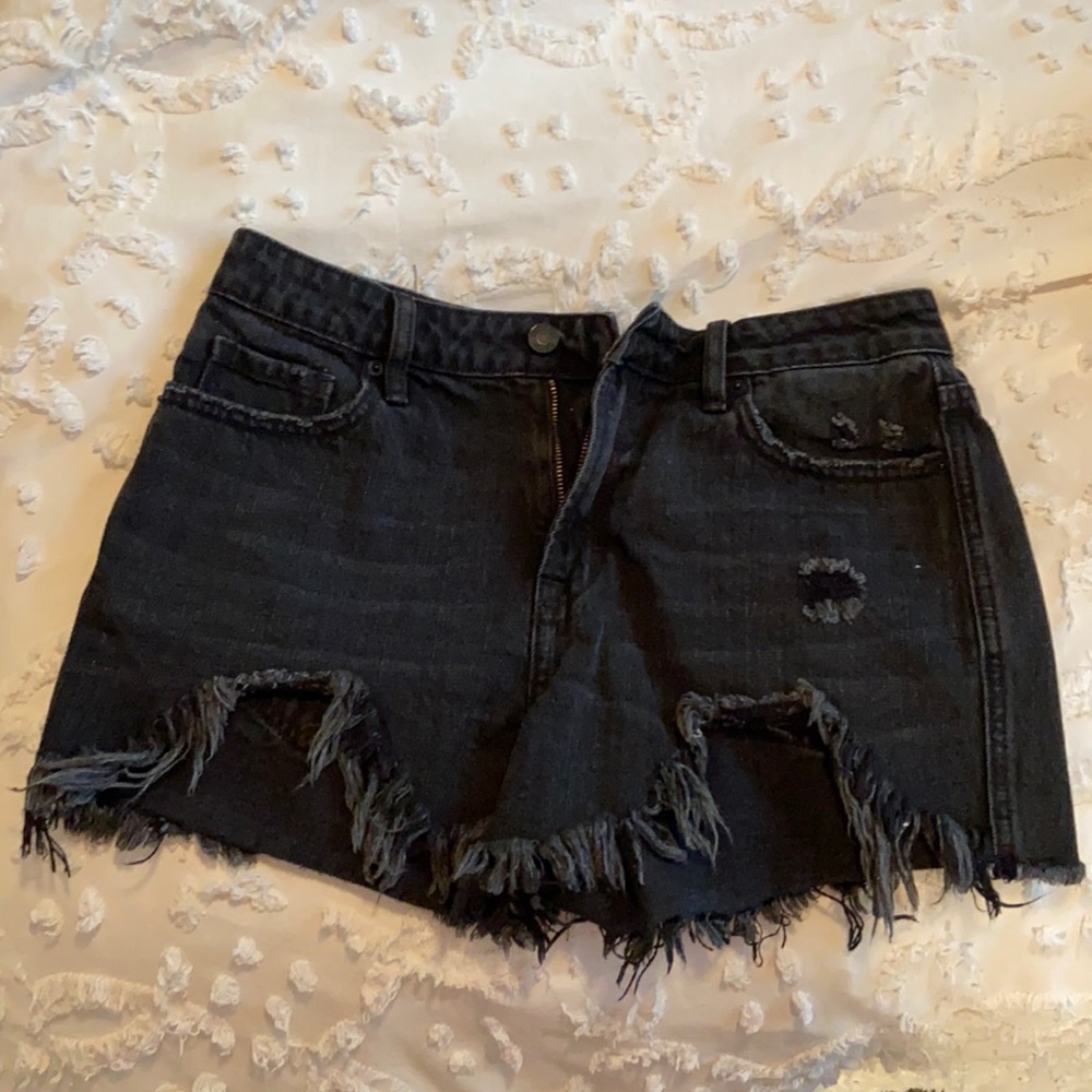 Black denim distressed shorts